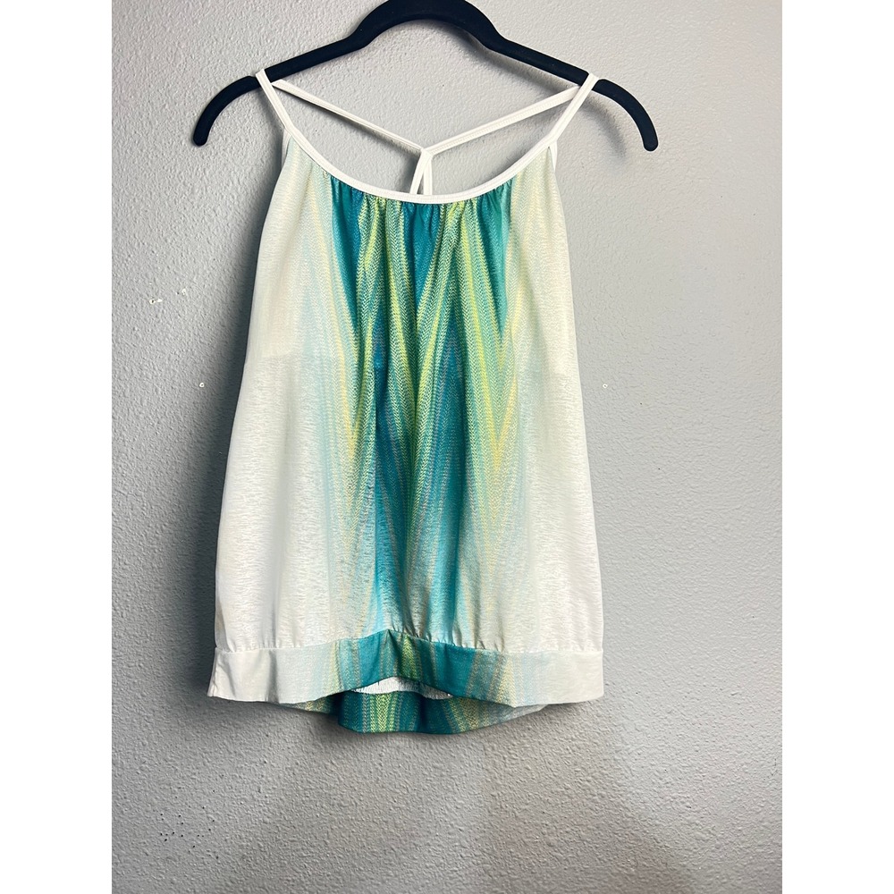 Prana Womens Yoga Tank Top Medium White‎ Teal Green Chevron Built-in Bra 6085
